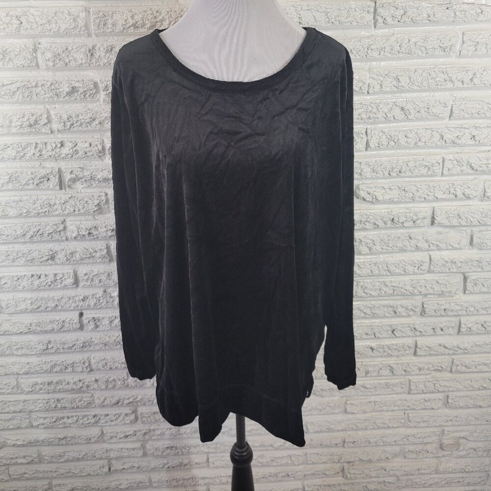 Woman Within 1X Black Velour Sweatshirt Plus Size Crew Neck Side Slit BLA12E